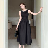 Elegant Black Midi Dress for Women Summer New Fashion Sleeveless A-line Pleated Solid Office Casual Korean Female Clothing