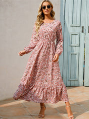 Vibrant Floral Print Long Sleeve Crew Neck Ruffle Dress - Flowy, Bohemian Chic, Casual, Comfortable, Women's Long Dresses for Daily Wear - Perfect for Spring, Summer, and Autumn Seasons