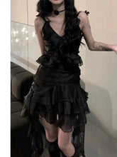 Japanese Sexy Dark Sleeveless V-neck Women Dresses Cascading Ruffles Asymmetrical Femme Robe Harajuku 2025 Summer Camisole Dress