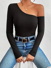 One Shoulder Long Sleeve T-Shirt - Timeless Solid Color, Chic Relaxed Fit, Perfect for Spring & Fall, Womens Casual Wear