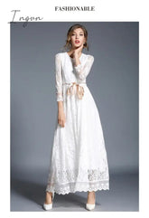 Ingvn - 2023 Fashion Trends High-end Hollow Out White Lace Dress Women Maxi Dress Robe Femme Ete Autumn Long Party Dresses Vestido Longo