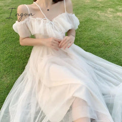 Ingvn - Going Out Outfits Mesh Ruffle Slash Neck Off Shoulder Dresses Lace Up Women Summer Vestidos Mujer Korean Fashion White Dress Strap Tide Robe Femme