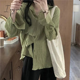 Ingvn - Harajuku Women Blouses Korean Fashion Green Pleated Oversized Basic White Shirts Vintage Long Sleeve Sunscreen Cardigan
