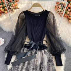 Ingvn - Elegant Mesh Knitted Stitching Dress Women Vintage Puff Sleeve Round Neck A Line Party Dresses Ladies Bandage Printing Dress