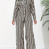 Chic Striped Print Two-Piece Outfit Set - Comfortable Button-Down Shirt & Flowy Wide Leg Pants - Casual Everyday Wear for Women