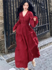 Autumn Elegant Red Hollow Out Evening Dresses for Women V-Neck Lace-up Long Sleeve A-Line Vestidos Vintage Party Dress Long Robe