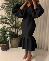 Ingvn - Ingvn Women Party Dress V Neck Long Puff Sleeves Bodycon Sexy Event Occasion African Female Fashion Autumn Spring Robes Vestidos New