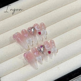 10Pcs Handmade Nails Set Press on Long Almond False Nail with Rhinestone Pink Camellia Design Reusable Full Cover Fake Nail Tips