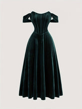 Elegant Off-Shoulder Knit Dress, 95% Polyester 5% Spandex, Solid Color Long Length Fit and Flare Gown with Tie Back Details for All Seasons