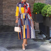 Ingvn - Office Ladies Work Wear Bow Collar Print A-Line Color Block Dress Casual Fit And Flare Pleated Dress Summer Women Fashion