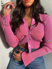 Ingvn - Fashion Trends Single Breasted Knitted Sweater Women Sexy Long Sleeve Asymmetrical Cardigans Solid Turn Down Collar Autumn Fashion Tops