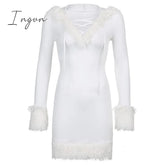 Ingvn - Furry Long Sleeve Hooded Bodycon Mini Dresses Women White V Neck Fuzzy Dress Skinny Christmas Party Streetwear Winter
