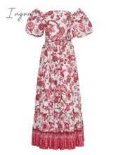 Ingvn - Off Shoulder Dress For Women Square Collar Puff Short Sleeve High Waist Colorblock Print Elegant Long Dresses Female Fashion