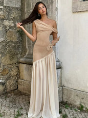 Ingvn Woman Clothing One Shoulder See-through Mesh Maxi Dress Elegant Diagonal Collar Sleeveless Irregular Long Party Evening Dresses