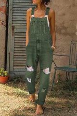 Ingvn - Washed Ripped Hole Denim Overalls(3 Colors)