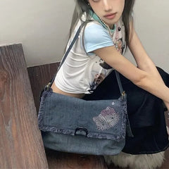 Ingvn Hello Kitty Vintage Shoulder Bag for Women Y2k Denim American Style Original Armpit Bag Literary Harajuku Fashion Handbag