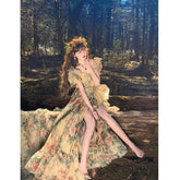 Ruffleds Floral Long Dresses for Women Summer Casual Short Sleeve Elegant Party Korean Chic Holiday Sweet Female Clothing
