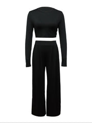 Two-piece Long Sleeve & Long Length Solid Casual Crew Neck Outfits, Women's Clothing Set