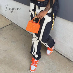 Ingvn - Women Skeleton Printed Jeans Trousers Casual Halloween Pattern Mid-waist Button Pencil Pants Autumn Y2K Gothic Fashion Bottoms