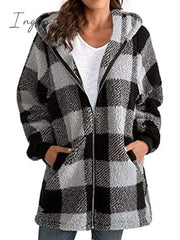 Ingvn - Women's Sherpa Jacket Fleece Long Teddy Coat Windproof Warm Home Christmas Daily Wear Vacation Zipper Pocket Zipper Hoodie Ordinary Modern Plush Plaid Regular Fit Outerwear Long Sleeve Winter Fall