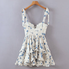 Voguable Summer Sexy Sling Dress Women Floral Print Layer Ruffle Cake Mini Dress Sweet Ladies Holiday Party Short Robe Chic Vestido
