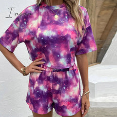 Ingvn - Tie Dye Round Neck Dropped Shoulder Half Sleeve Top and Shorts Set