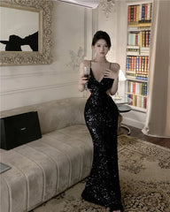 Summer Sexy Backless Black Long Dresses for Women New Elegant Hollow Out Bodycon Evening Party Prom Sequin Female Clothing Robe