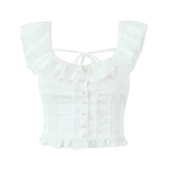 Women Hollow Out Embroidery White Tank Top Lace Trim Flying Sleeve Female Summer Crop Top Holiday