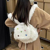 Ingvn Sweet Rhinestone Women's Plush Backpack Fashion Design Y2k Girls Schoolbag Handbags Simple Fluffy Female Tote Shoulder Bag