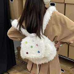Ingvn Sweet Rhinestone Women's Plush Backpack Fashion Design Y2k Girls Schoolbag Handbags Simple Fluffy Female Tote Shoulder Bag
