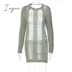 Ingvn - Fashion Trends Round Collar See Through Dress Women Sexy Long Sleeve Elegant Beachwear Hollow Out Backless Knitted Female Dress Summer