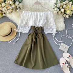 Ingvn - New Fashion Sexy Off Shoulder patchwork Summer Short Dress Party flower chiffon Slim waist lace up Women casual A-Line beach dress