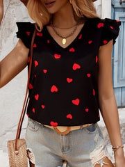 Heart Print Ruffle Trim Blouse, Casual V-neck Blouse For Spring & Summer, Women's Clothing