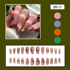 24pcs Spring/Summer Flowers Fake Nail Colorful flower Pattern False Nails Full Cover Wearable Sweet Korean Almond Press On Nails