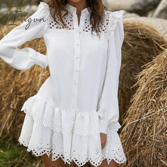 Ingvn - Women Solid Lace Shirt Dress Spring Elegant Ladies Stand Collar Hollow Out Single-Breasted Cascading Ruffles Mini Dresses