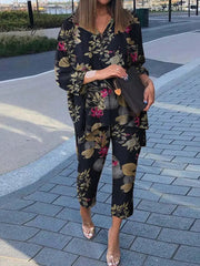 Ingvn - Summer Outfits Vintage Floral Print Casual Outfits Women Summer Long Sleeve Blouse And Pants Sets Cotton Linen Female Elegant Two Piece Suits