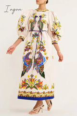 Ingvn - Casual Bohemian Print Patchwork O Neck One Step Skirt Dresses