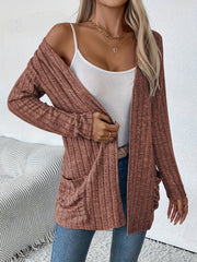 Cozy Ribbed Cardigan - Casual Jackets for Women with Dual Pockets and Long Sleeves for Spring and Fall - Soft, Open Front, and Versatile