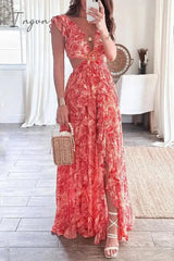 Ingvn - Sexy Floral Backless V Neck Printed Dress Dresses