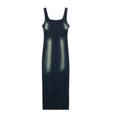Summer Retro Women's Denim Dress Fashion Corset Sleeveless Back Zipper Slim Women's Slit Midi Dresses Mujer Vestido