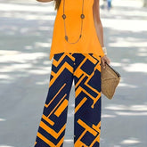 Chic Womens Two-piece Set - Sleeveless Vest Tops with Geo Print Wide Leg Pants - Casual Spring & Fall Outfit for Effortless Style