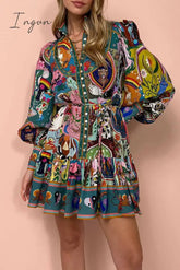 Ingvn - Bohemian Vintage Print Bandage Buckle Mandarin Collar Pleated Dresses