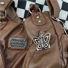 Ingvn Brown Y2k Womens Shoulder Bag Vintage Fashion Soft Pu Leather Gothic Tote Bag Punk Harajuku Casual Large Capacity Handbag
