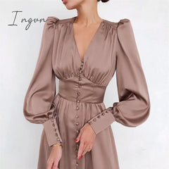 Ingvn - Satin Prom Women's Long Dress For Party Lantern Sleeve A-Line High Waist Slim Elegant Dresses Clothes New Year Ball Evening