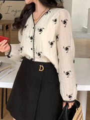 Ingvn - Printed Shirt for Women Spring 2023 New Long Sleeve V Neck Vintage Elegant Blouse Fashion Casual Button Up Y2k Top