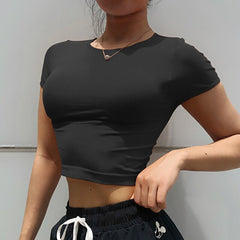 Solid Color Crop Top Women Yoga Shirts Short Sleeves Running Sport T Shirts Women Breathable Tight Gym Tops Yoga Top