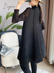 Ingvn - Sets Women Pleated Two Piece Set Fall 2023 Winter New Loose Casual Suit Lace Fashion Long Dress Top Pencil Pant Clothes
