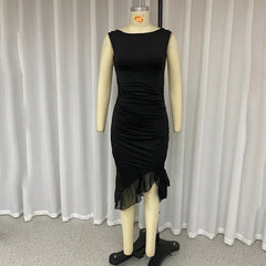 Women Maxi Dress Summer Elegant Solid Sleeveless Nipped Waist Slim Backless Ruffled Irregular Party Dresses Streetwear