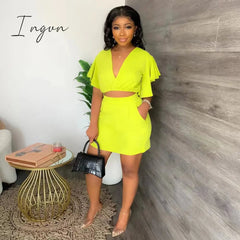 Ingvn - Summer 2 Pcs Suits Fashion V-neck Ruffle Sleeve Tshirt High Waist A-line Mini Skirt 2 Piece Suits Outifits for Women