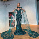 Ingvn - 2023 New Two Pieces Mermaid Evening Dresses with Cape Dark Green Lace Prom Gown Long Formal Party Dress Vestido de Noche